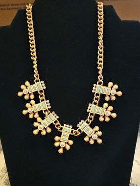 Plunder Gold Tone Necklace with Mint Green and Clear Accents